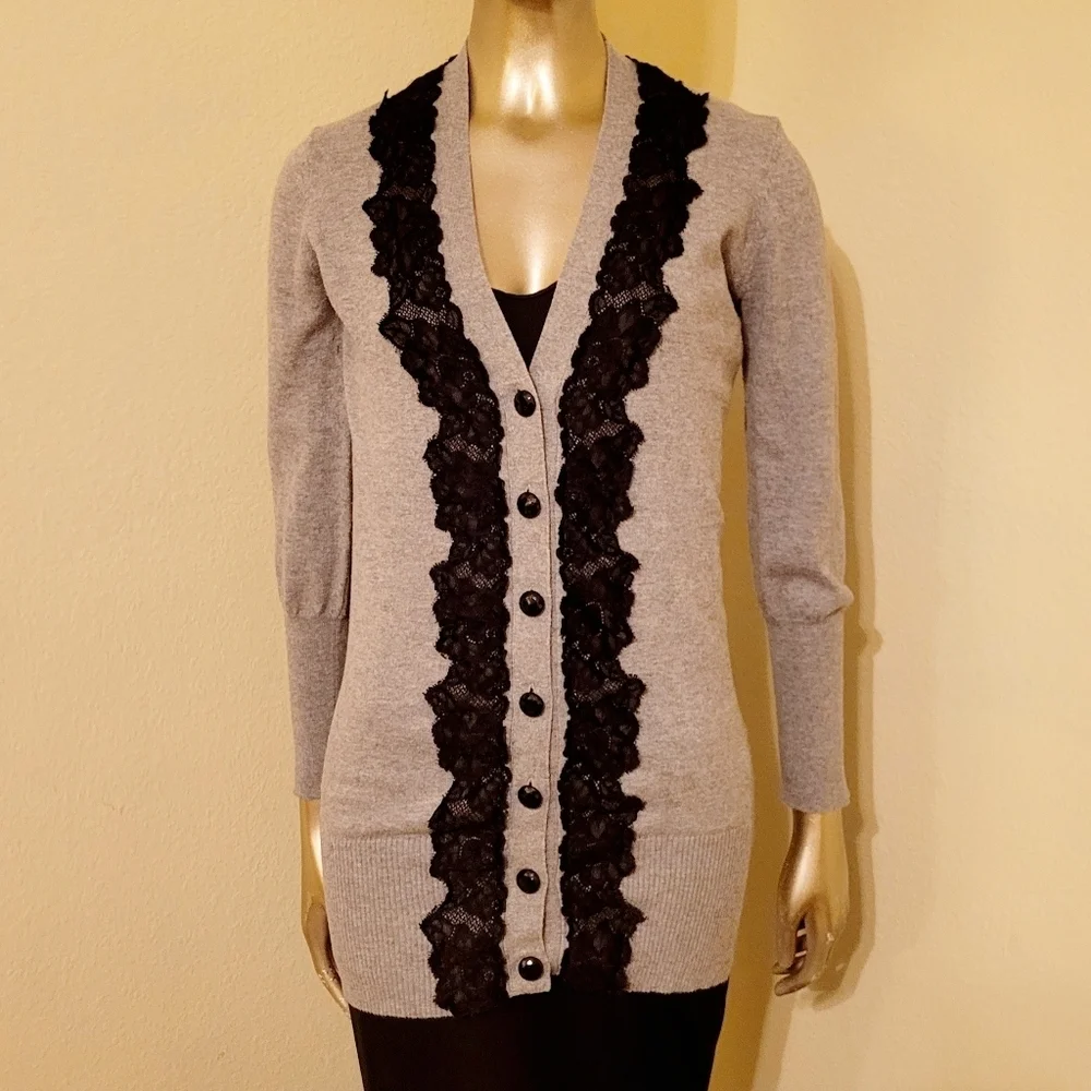 VENUS Heather Grey Long Line Cardigan Sweater With Lace Trim Sz Small